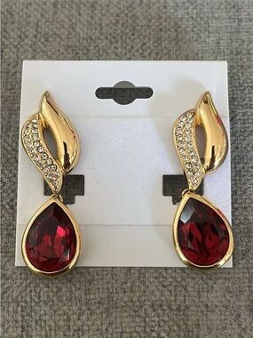 Vintage Christian Dior Teardrop Red Rhinestone Dangle Drop Gold Clip-On Earrings